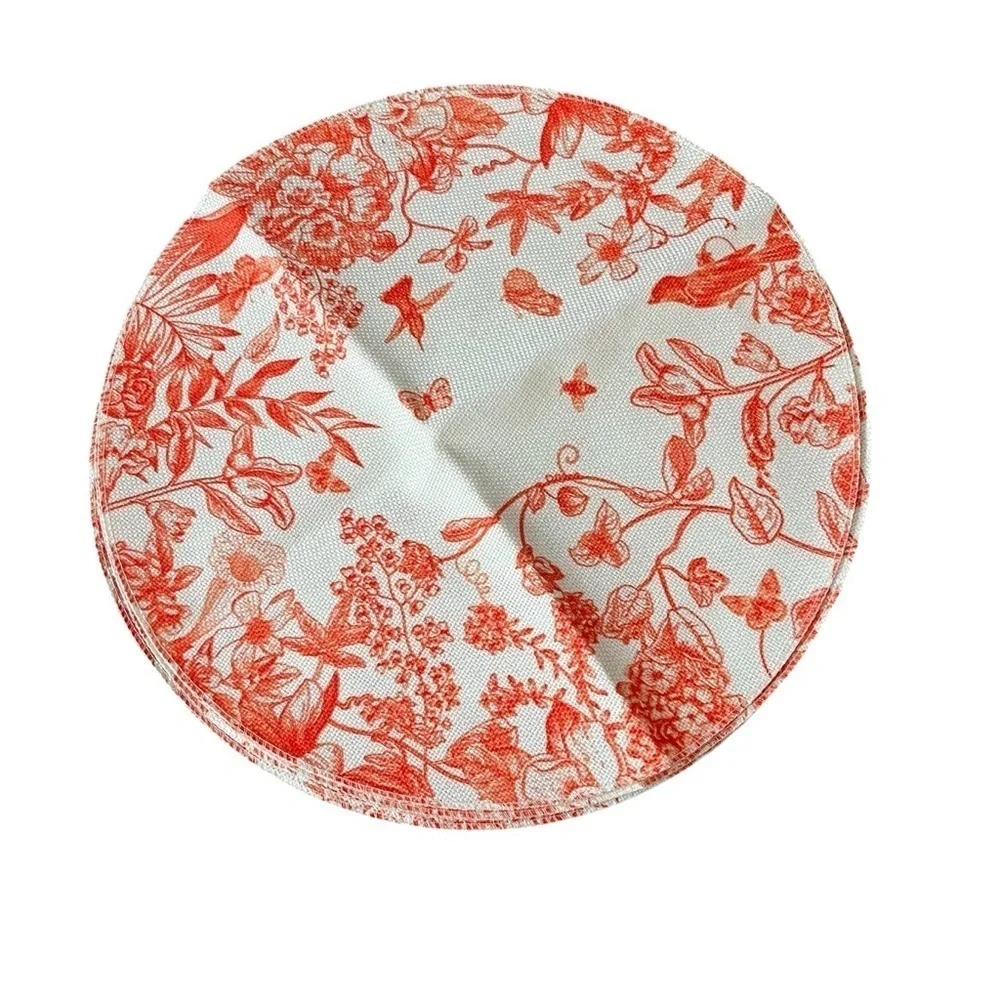 NWT Round Red Hydrangea Flowers Branches Chinoiserie Spring Placemats Set 4,14in